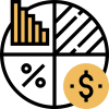 Icono gráfico circular con gráfico de barras y símbolos de porcentaje y dólar